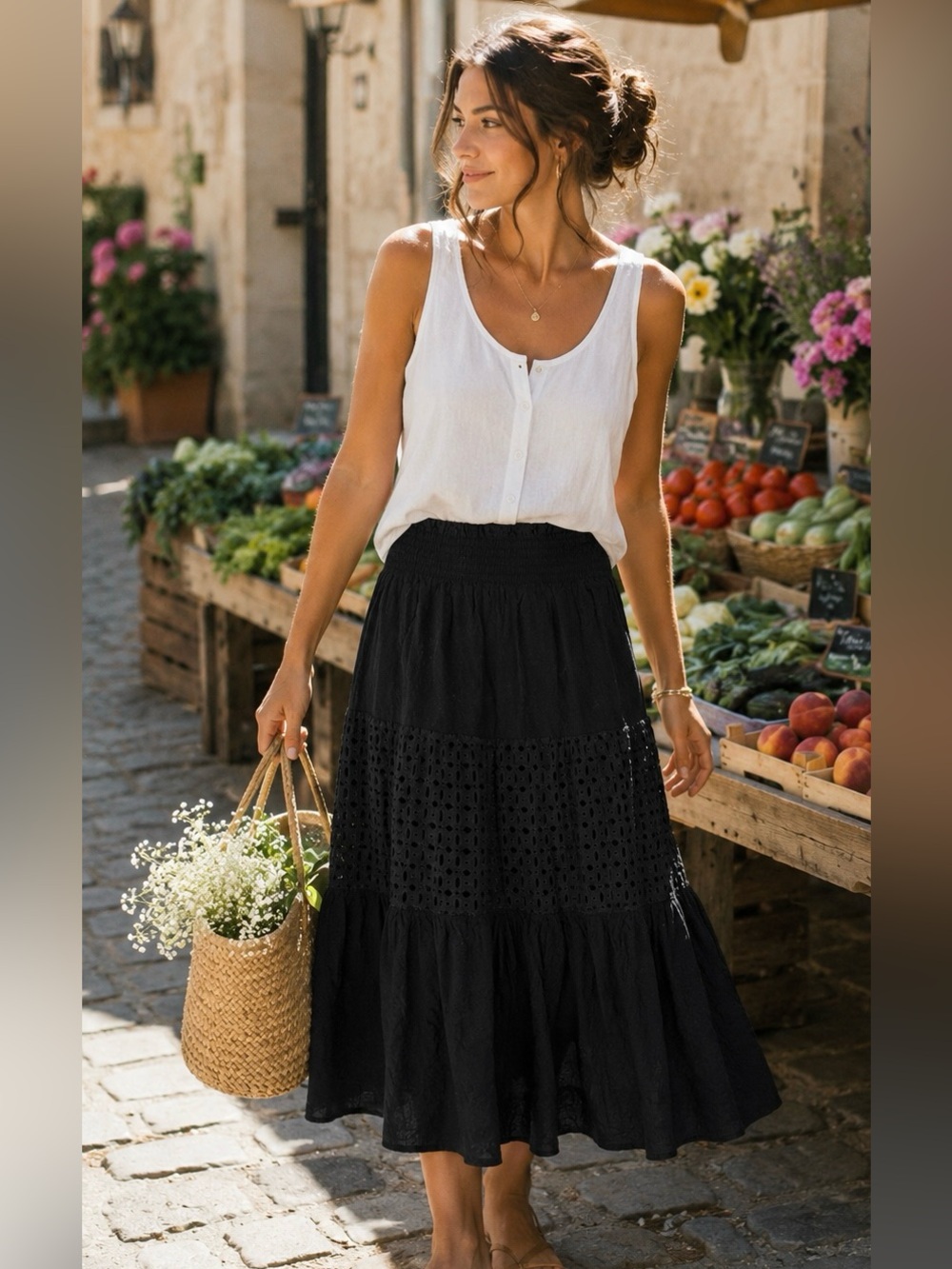 Nine West Black Eyelet Tiered Midi Skirt Smocked Waist Cotton Blend M